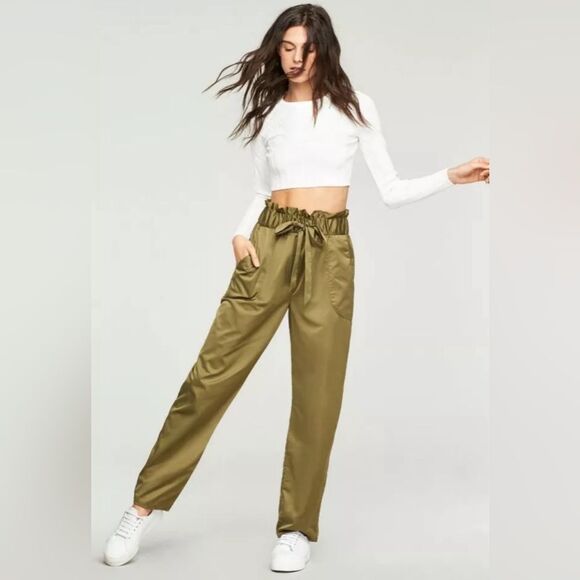 MILLY Kori Paperbag Gathered Waist Wide-Leg Satin Trouser Pants Olive Green M - Picture 1 of 13